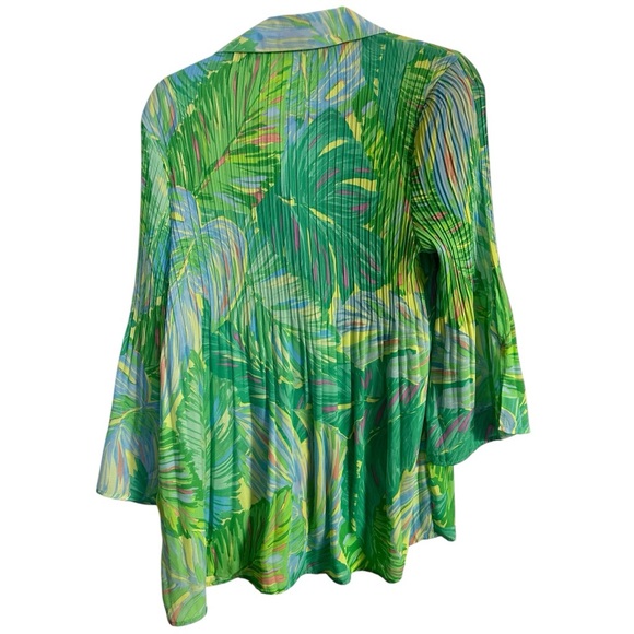 Sunny Leigh Green Palm Leaf Print Pleated Split Bell Sleeve Buttoned Blouse M - Picture 2 of 6